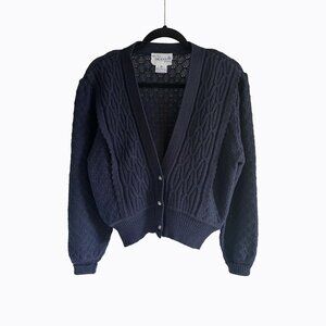 Vintage Deans Scotland Cable Knit Chunky 100% Wool Cardigan S/M Navy Popcorn 90s